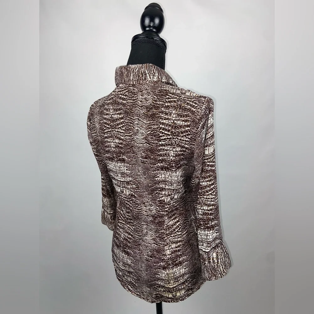 Short Sleeve Blouse Button Down Top Medium Brown Gold Metallic Sere Nade - Picture 7 of 10